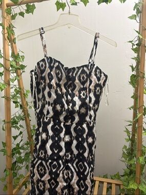 INC International Concepts Black and Cream Ikat-Print Spaghetti Strap Mini Dress